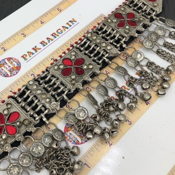 Tribal Glass Stones Choker Necklace With Dangling Tassels, Silver Kuchi Choker - Picture 8 of 8